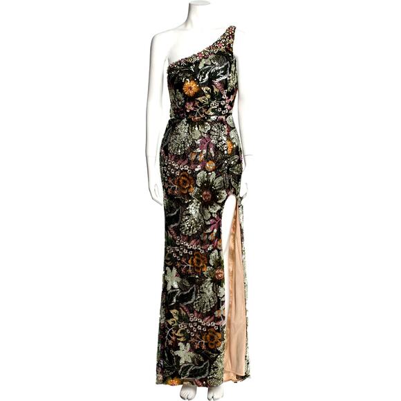 Mac Duggal – Embellished Floral One Shoulder Gown – Black Multi – Size 6 - Picture 4 of 12